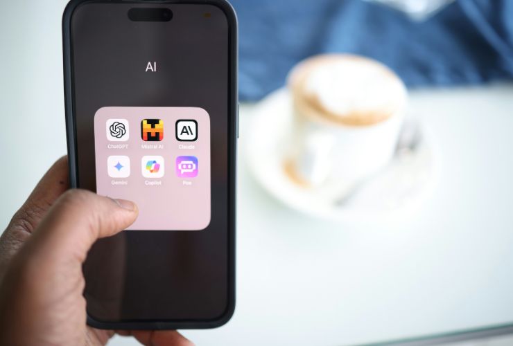 Hand holding smartphone showing generative AI content creation apps ChatGPT, Gemini, Claude, Copilot, Poe, and Mistral AI
