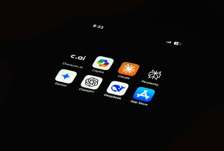 Popular generative AI content creation apps including Character.AI, Copilot, Claude, Perplexity, Gemini, ChatGPT, and DeepSeek shown on a smartphone screen
