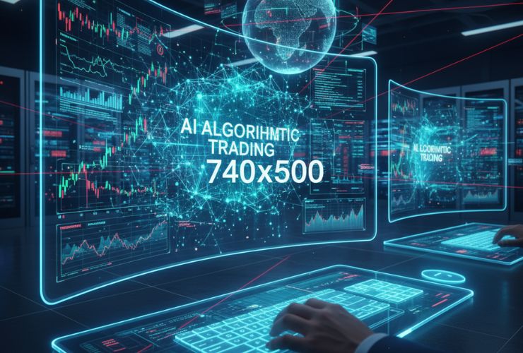 Futuristic fintech workspace with AI-driven algorithmic trading, digital graphs, and global data connections showing how artificial intelligence makes finance safer and simpler in 2025.