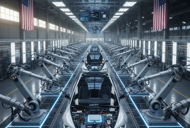 Robotic arms assemble advanced electric cars in an American automotive factory, highlighting AI hardware’s crucial role in smart vehicle production and manufacturing innovation.​
