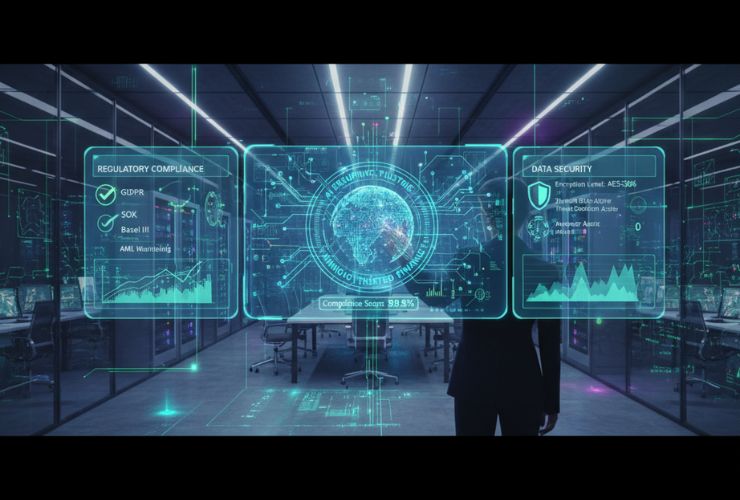 Futuristic visualization of AI-driven fintech data security and regulatory compliance dashboard in a modern office environment.