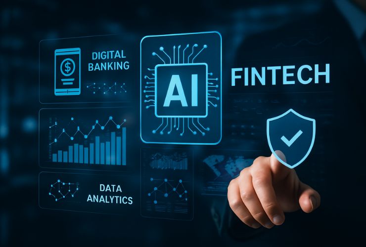 Illustration showing AI applications in fintech, digital banking, data analytics, and financial security for safer and simpler financial services in 2025.