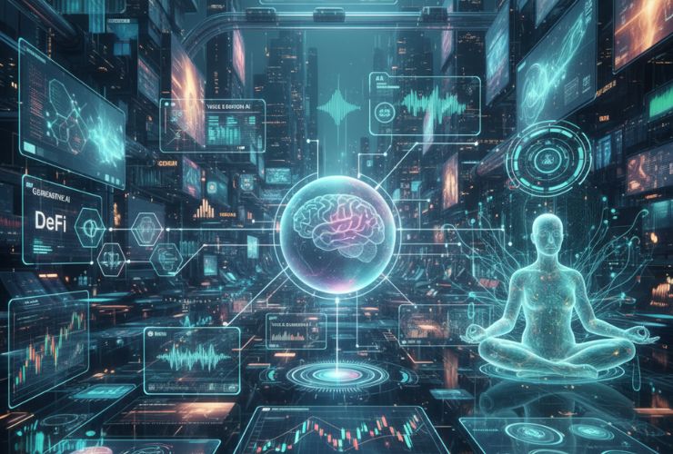 Futuristic digital visualization of AI technology in fintech, enhancing financial safety and simplifying processes with data analytics, automation, and security innovation.