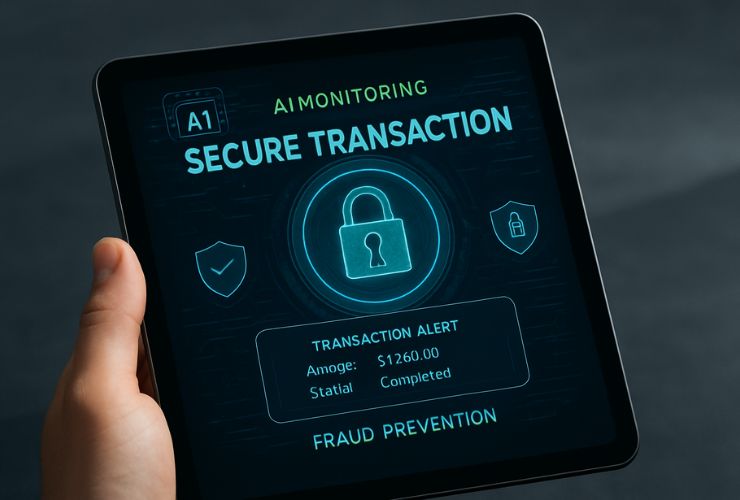AI-powered monitoring screen displaying secure financial transaction alert and fraud prevention.