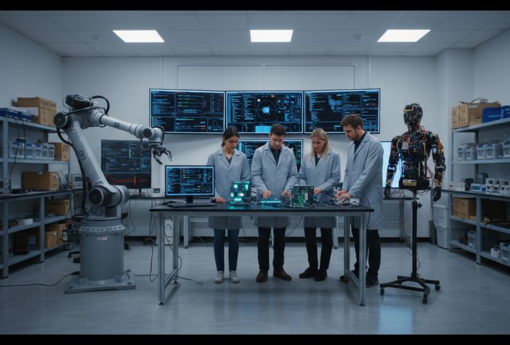 A team of engineers in an advanced American AI research lab develop robotics and hardware innovations, illustrating the synergy of AI chips and intelligent machines.​
