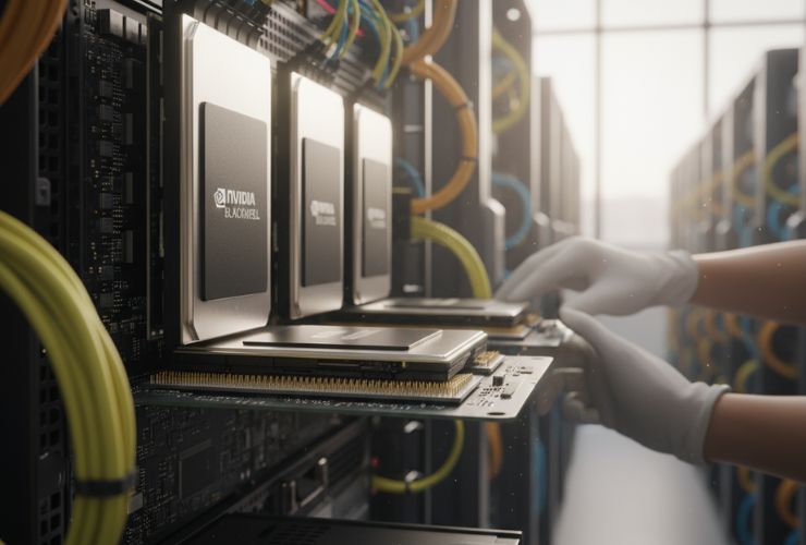 Technician installs NVIDIA Blackwell AI processor in a modern data center, showcasing advanced hardware technology driving America's digital innovation in 2025.​
