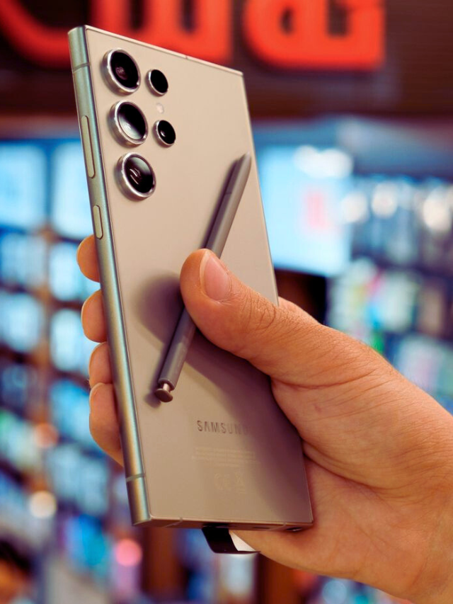 Samsung Galaxy S24 Ultra with S Pen in Titanium Finish at a Tech Store
