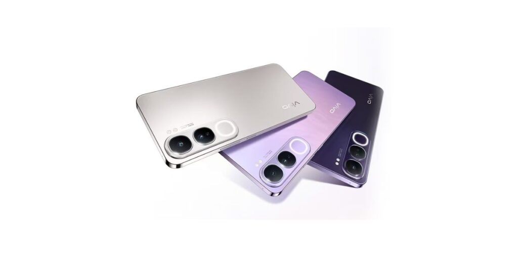 Vivo 5G smartphone with dual rear cameras in silver, purple, and black colors