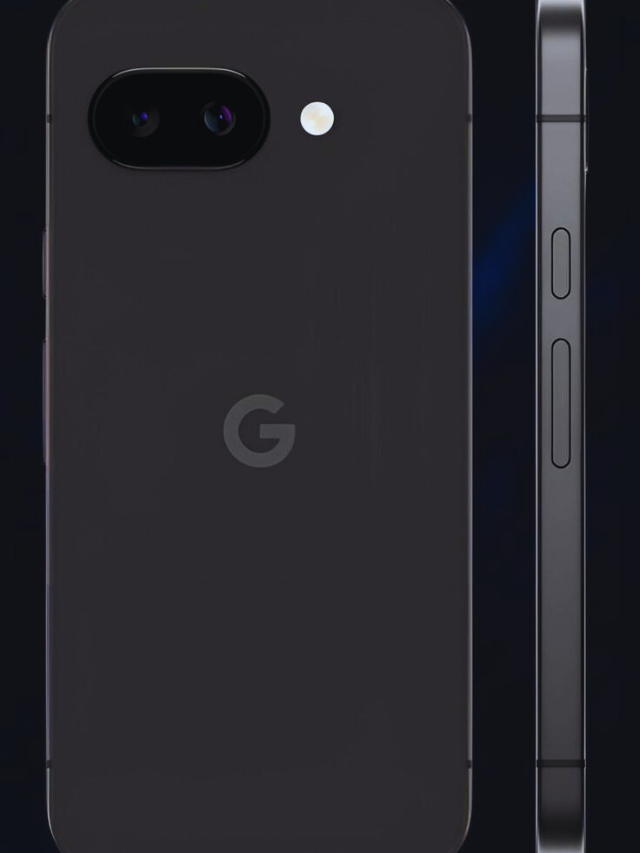 Rear and side view of the Google Pixel 9a smartphone in Obsidian black, highlighting its dual-camera setup, sleek matte finish, and minimalist design.