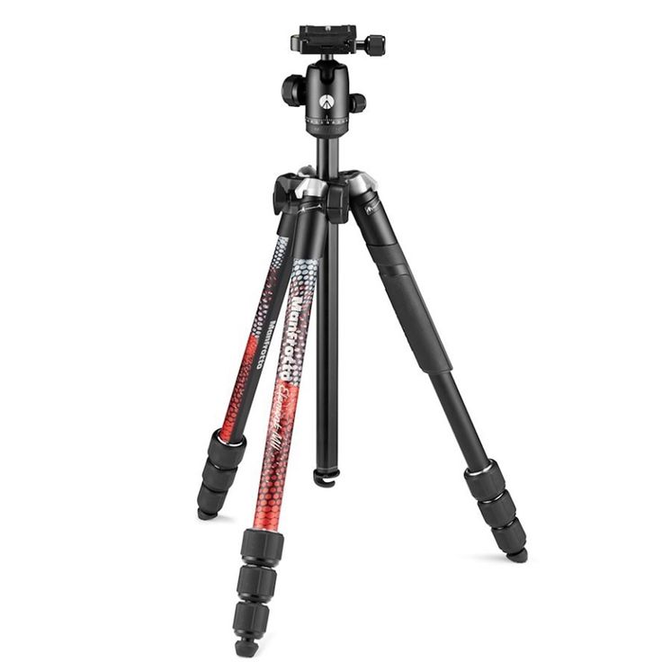 Manfrotto Element MII Tripod with colorful red and black carbon fiber legs, lightweight travel-friendly design