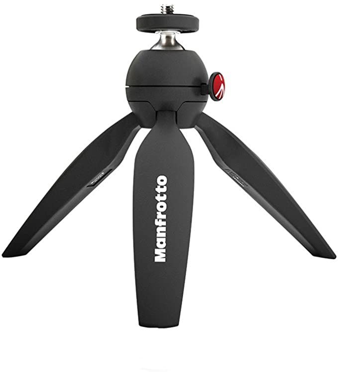 Manfrotto PIXI Mini Tripod with black legs and compact ball head on white background.

