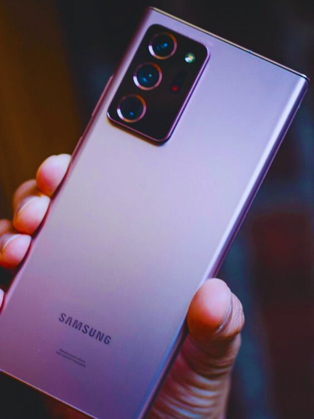 Samsung Galaxy Note 20 Ultra Mystic Bronze rear design with triple camera setup in hand.