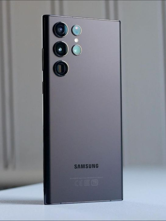 Samsung Galaxy S25 Ultra in graphite finish with quad-camera setup on a minimalist background.