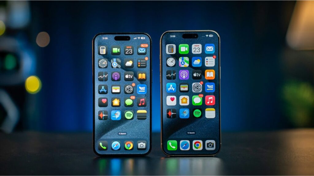 iPhone 16 and iPhone 17 placed side by side showing home screens with app icons on display.