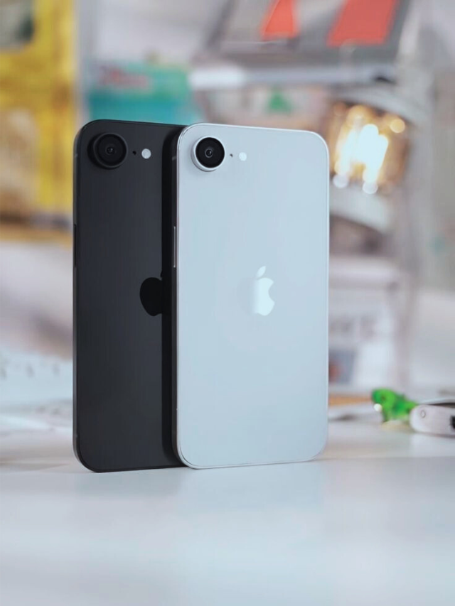 Black and white iPhone 16e units standing side by side, highlighting their sleek and premium finish.