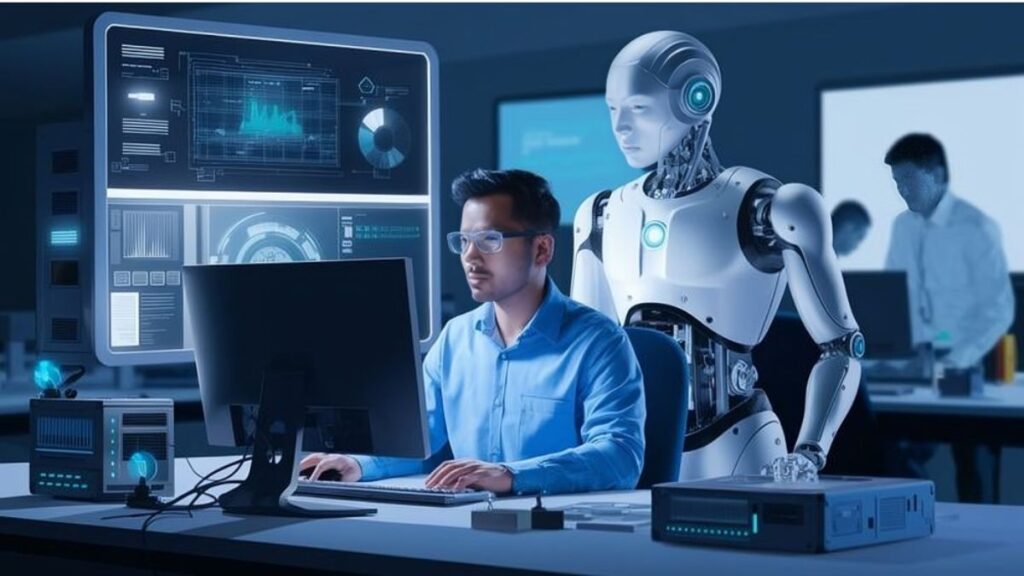 A human developer working on a futuristic computer system assisted by an AI robot, showcasing real-world use of agentic AI tools.