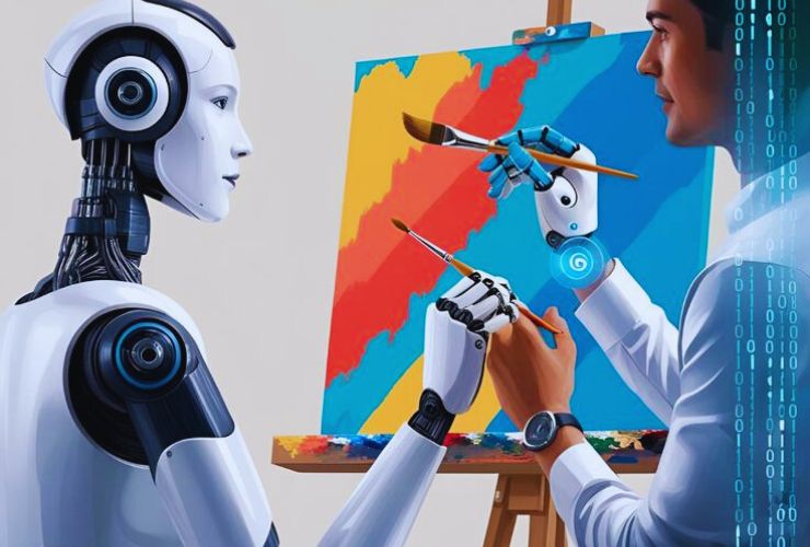 A robot and a human co-painting on a canvas, representing collaboration through Agentic AI Tools in creative automation.