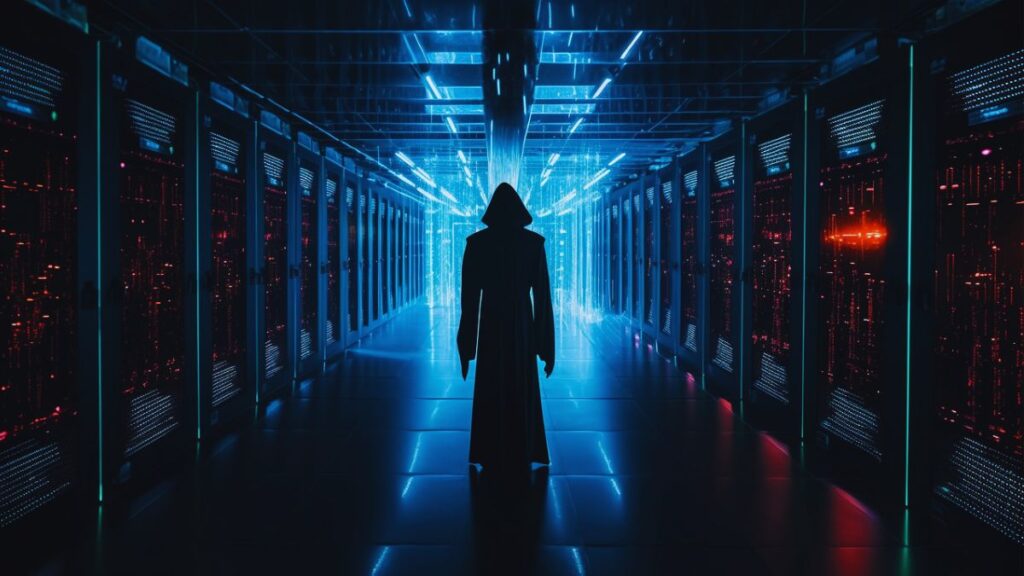A hooded figure in a glowing data center representing AI cybersecurity defense against modern hacking threats.