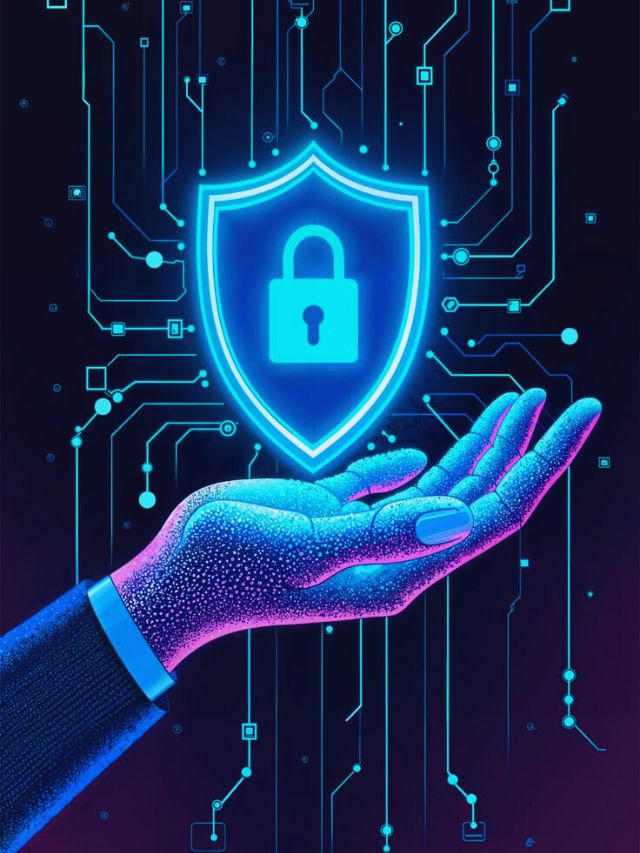 Futuristic hand holding a glowing shield with a lock icon, symbolizing AI-powered cybersecurity and real-time digital threat protection.