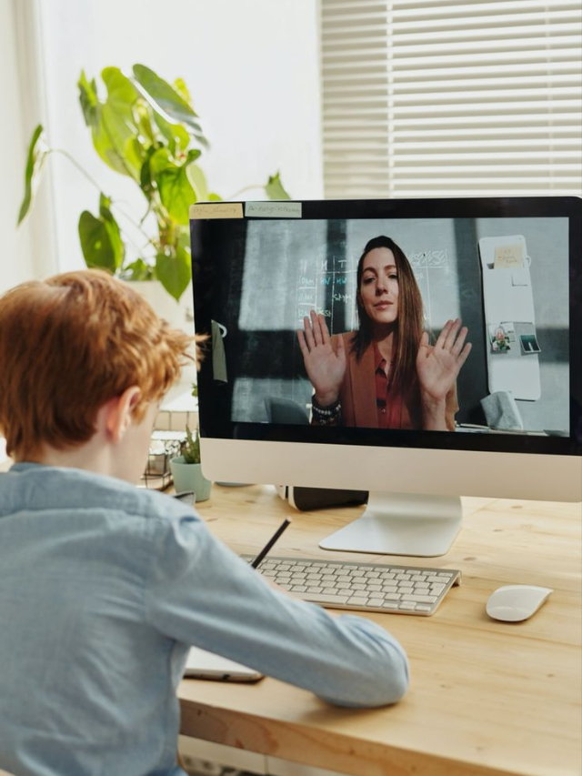 Boy attending an online mentorship session with a female mentor via video call on a desktop computer.