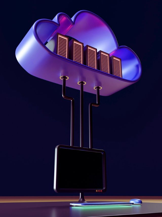 3D illustration of cloud servers connecting to a desktop computer, representing cloud computing trends in 2025