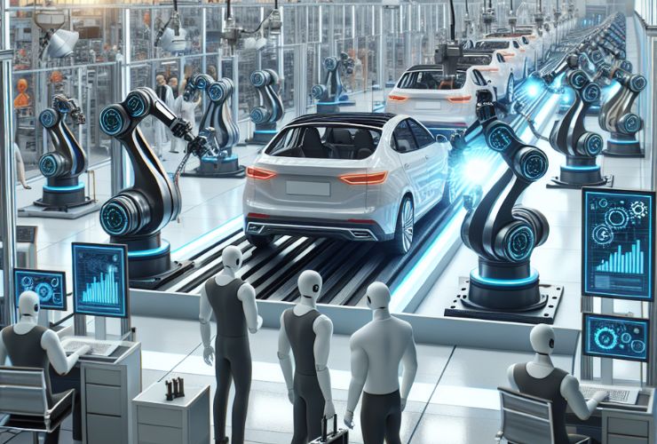 AI-powered robots and automated production lines in a smart manufacturing automotive factory, showcasing advanced automation and Industry 4.0 solutions in 2025.