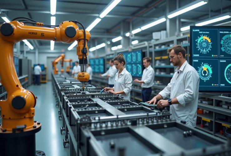 Industrial robots and engineers collaborating on a smart manufacturing assembly line with advanced automation and digital dashboards.