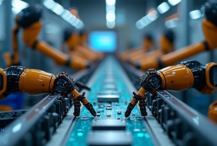 Industrial robotic arms assembling electronics on a smart manufacturing production line, showcasing AI-driven automation for increased efficiency in modern factories.