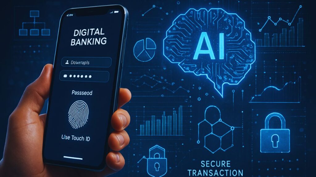 A person holding a smartphone with digital banking login screen beside an AI brain and security icons, representing artificial intelligence in secure fintech solutions.